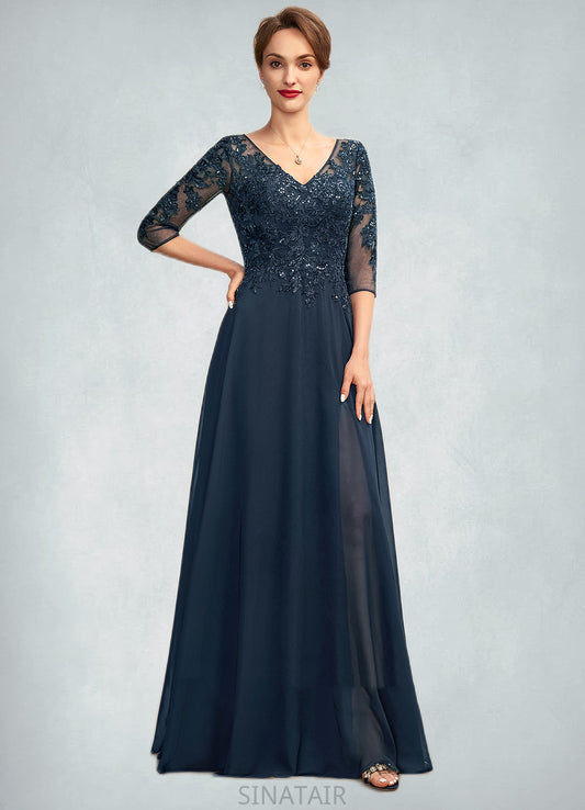 Luna A-Line V-neck Floor-Length Chiffon Lace Mother of the Bride Dress With Sequins Split Front DH126P0015014
