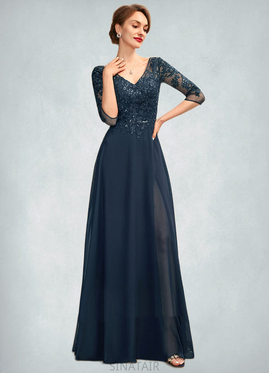 Luna A-Line V-neck Floor-Length Chiffon Lace Mother of the Bride Dress With Sequins Split Front DH126P0015014
