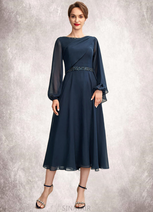 Kim A-Line Scoop Neck Tea-Length Chiffon Mother of the Bride Dress With Beading Sequins DH126P0015018