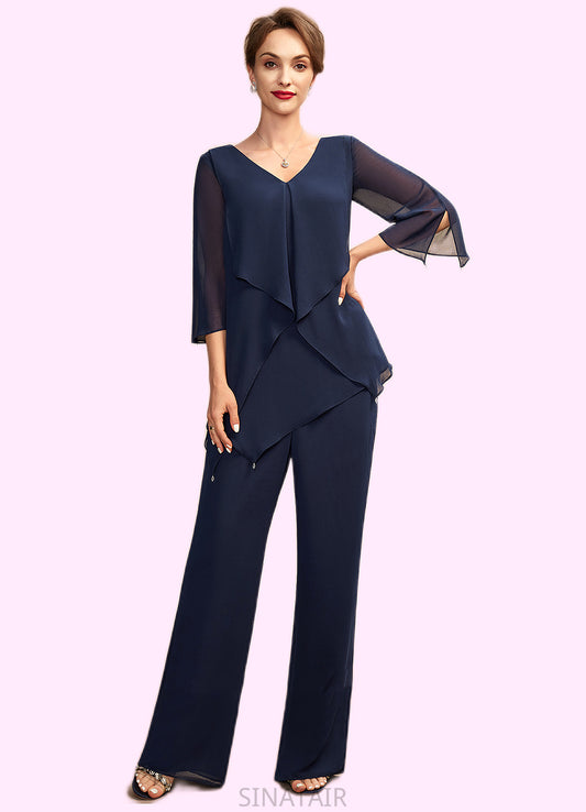 Kay Jumpsuit/Pantsuit V-neck Floor-Length Chiffon Mother of the Bride Dress With Cascading Ruffles DH126P0015019