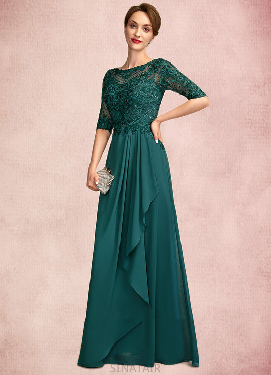 Ashlynn A-Line Scoop Neck Floor-Length Chiffon Lace Mother of the Bride Dress With Beading Sequins Cascading Ruffles DH126P0015027
