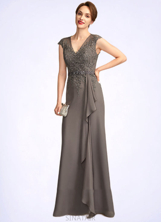 Virginia A-Line V-neck Floor-Length Chiffon Lace Mother of the Bride Dress With Beading Sequins Cascading Ruffles DH126P0015030