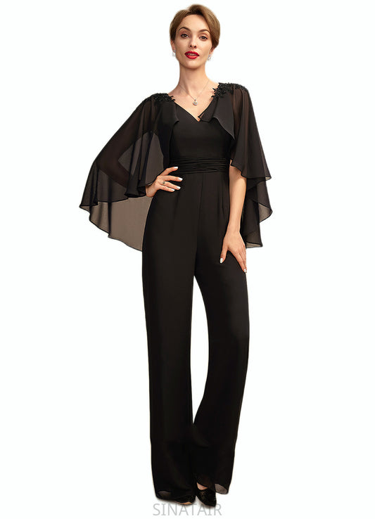 Lilly Jumpsuit/Pantsuit V-neck Floor-Length Chiffon Mother of the Bride Dress With Ruffle Beading Appliques Lace Sequins DH126P0015033