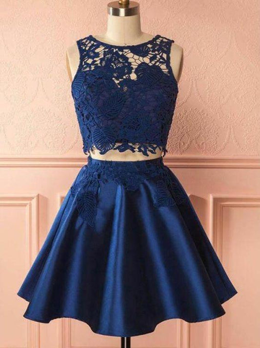 2 Pieces Navy Satin Katharine Homecoming Dresses Two Pieces Lace Blue Party Dress