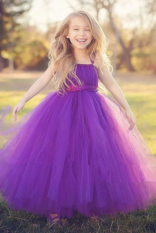 Princess Purple Ball Gown Square Neck Layers Tulle Flower Girl Dresses, Bowknot Baby Dresses SJS15304
