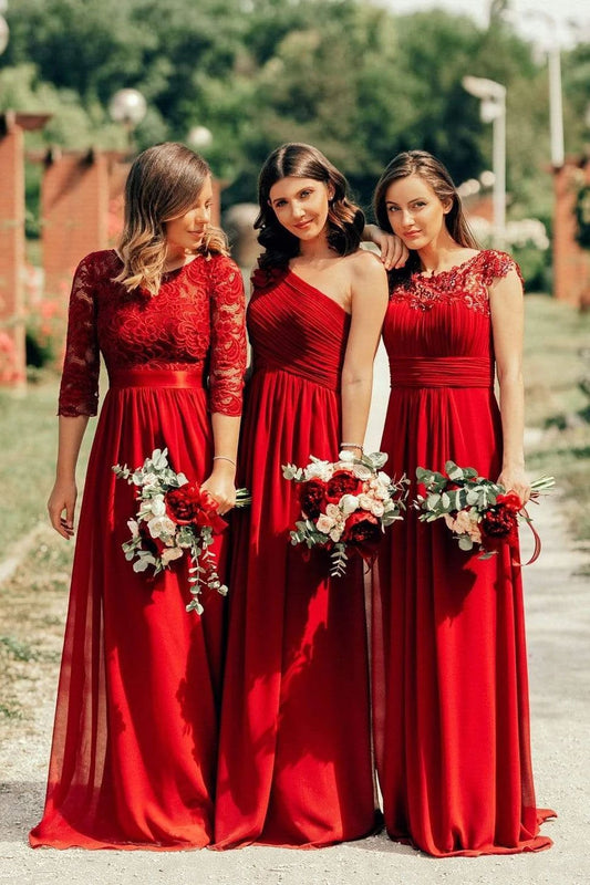 Elegant A Line Cap Sleeve Burgundy Lace Prom Dresses with Chiffon, Bridesmaid Dresses SRS15145