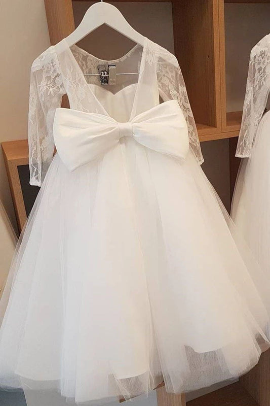 Ball Gown Lace Long Sleeves Flower Girl Dress With Bowknot Back, Round Neck Baby Dresses SJS15058