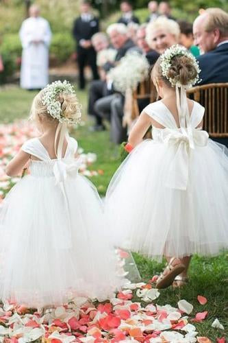 Cute A-line White Long Tulle Flower Girl Dress with Bowknot, Baby Dresses SJS15572