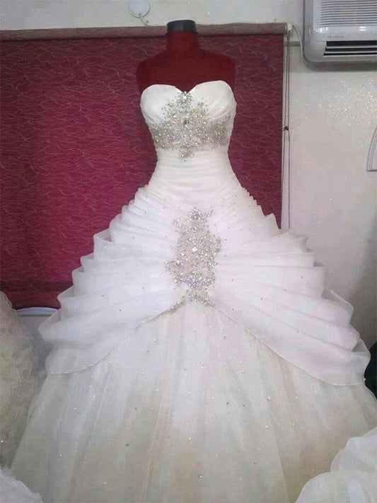Ball Ruffles Organza Gown Sleeveless Sweetheart Floor-Length Wedding Dresses
