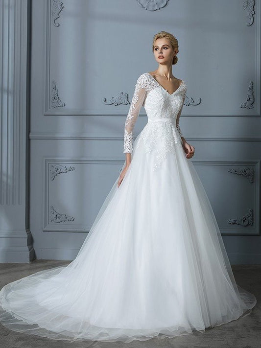 V-neck Train Sleeves Lace Court Gown Ball Long Tulle Wedding Dresses