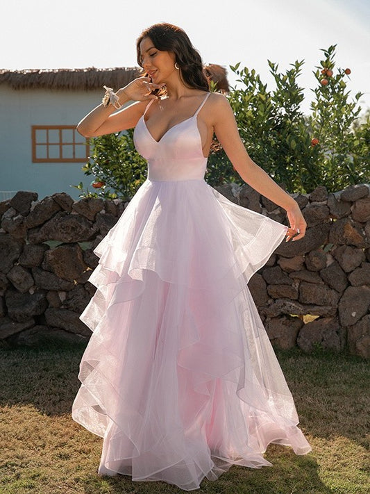 V-neck A-Line/Princess Ruffles Tulle Sleeveless Floor-Length Dresses