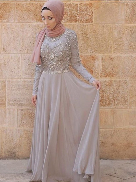 Crystal A-Line/Princess Sleeves Scoop Long Train Sweep/Brush Tulle Muslim Dresses