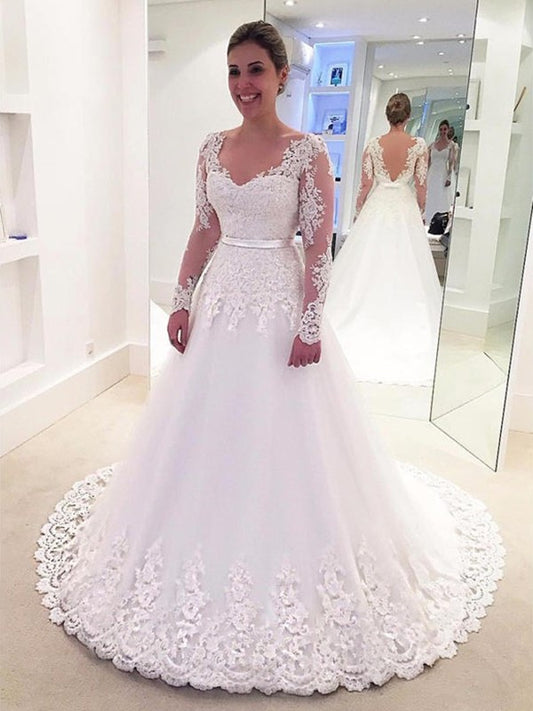 Applique Sweep/Brush Tulle Lace A-Line/Princess V-neck Long Sleeves Train Wedding Dresses