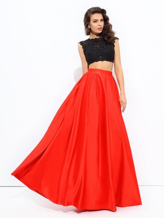 Satin Sleeveless Long Lace Scoop A-line/Princess Two Piece Dresses