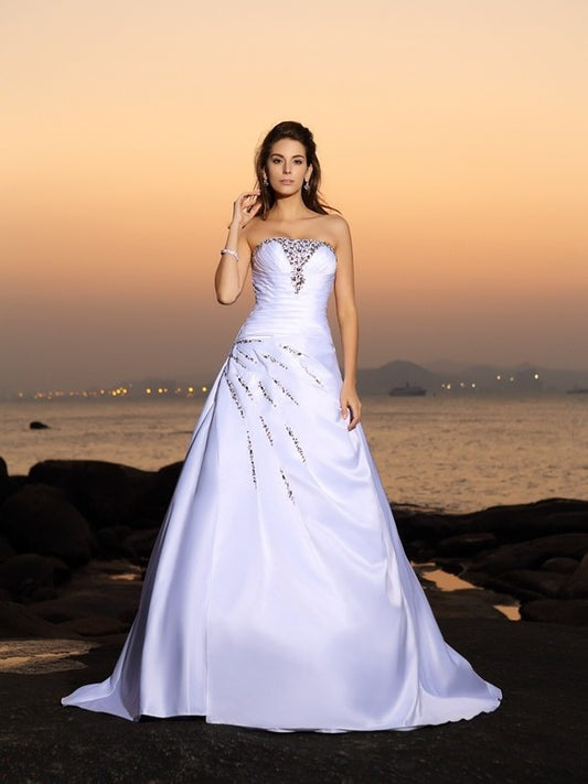 Strapless Sleeveless Beading Long Satin A-Line/Princess Beach Wedding Dresses