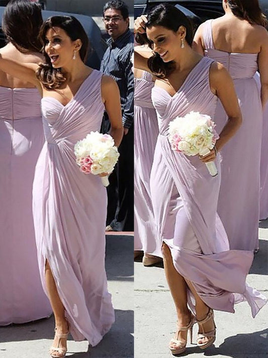 A-Line/Princess One-Shoulder Ruched Chiffon Sleeveless Floor-Length Bridesmaid Dresses