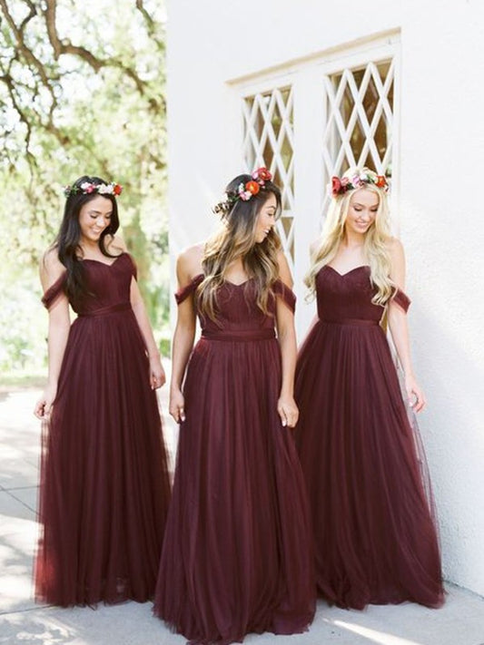 Ruffles A-Line/Princess Sleeveless Tulle Off-the-Shoulder Floor-Length Bridesmaid Dresses