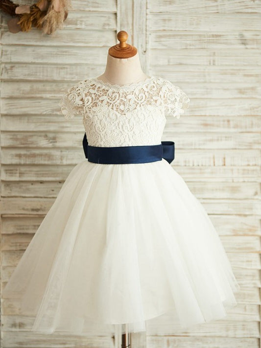 Tulle Knee-Length A-Line/Princess Scoop Lace Sleeveless Flower Girl Dresses