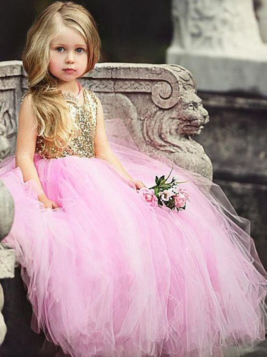 Floor-Length Gown Sleeveless Ball Sequin Tulle Scoop Flower Girl Dresses
