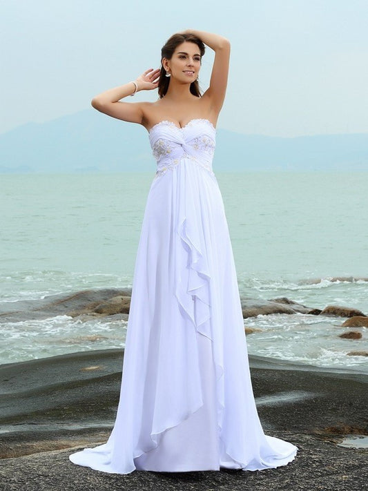 Beading Sleeveless Long A-Line/Princess Chiffon Sweetheart Beach Wedding Dresses