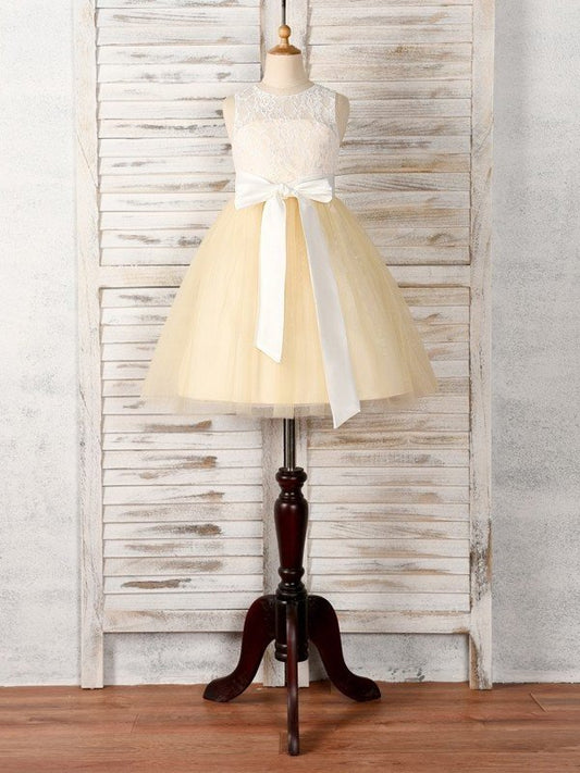 Sash/Ribbon/Belt Tulle Tea-Length Scoop A-Line/Princess Sleeveless Flower Girl Dresses