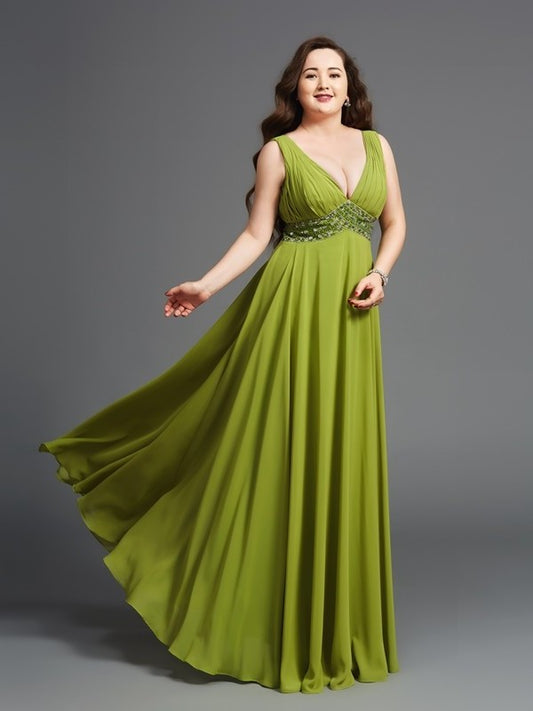Chiffon Long Sleeveless Rhinestone Straps A-Line/Princess Plus Size Dresses