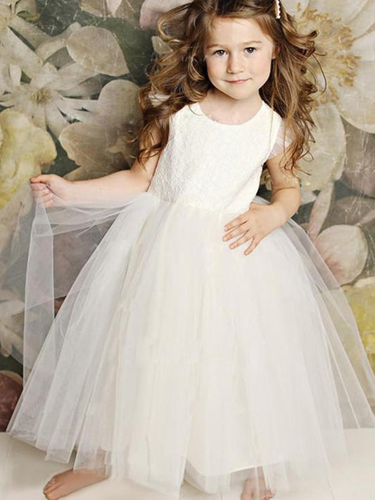 Lace Floor-Length Tulle Short Sleeves Scoop A-Line/Princess Flower Girl Dresses
