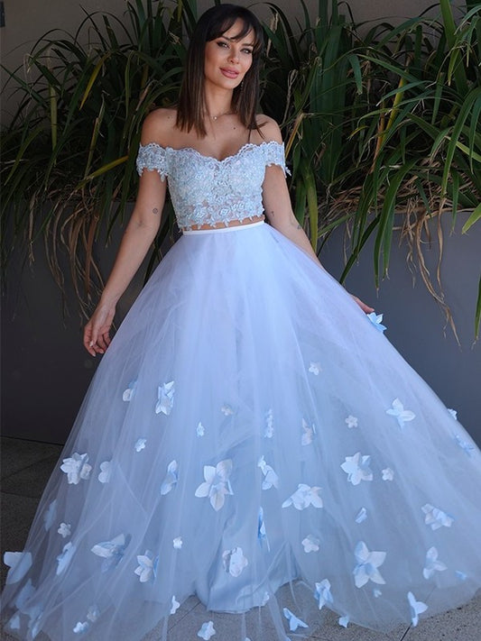 Tulle A-Line/Princess Off-the-Shoulder Sleeveless Applique Floor-Length Two Piece Dresses