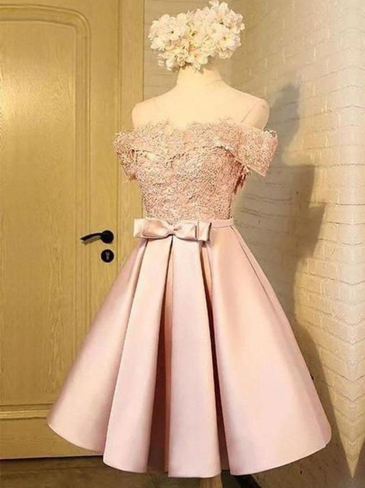 Off-the-Shoulder Sleeveless A-Line/Princess Satin Applique Short/Mini Homecoming Dresses