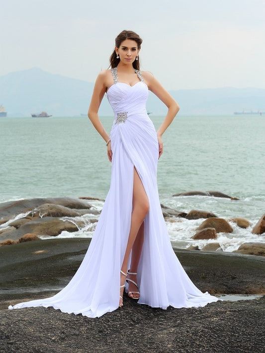Chiffon Long Beading Sheath/Column Straps Sleeveless Beach Wedding Dresses