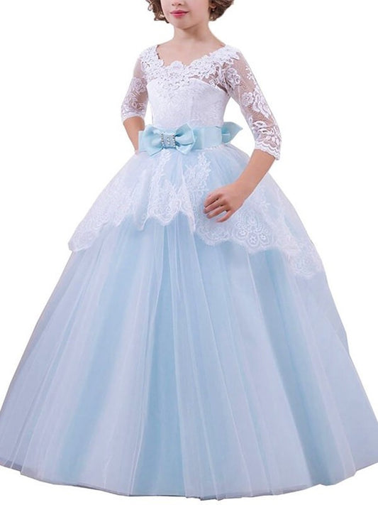 1/2 Tulle Ball Sleeves Floor-Length Gown Lace Jewel Flower Girl Dresses