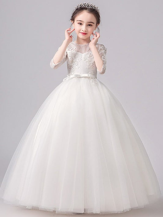 Scoop A-Line/Princess Sleeves Bowknot Lace Floor-Length 3/4 Flower Girl Dresses