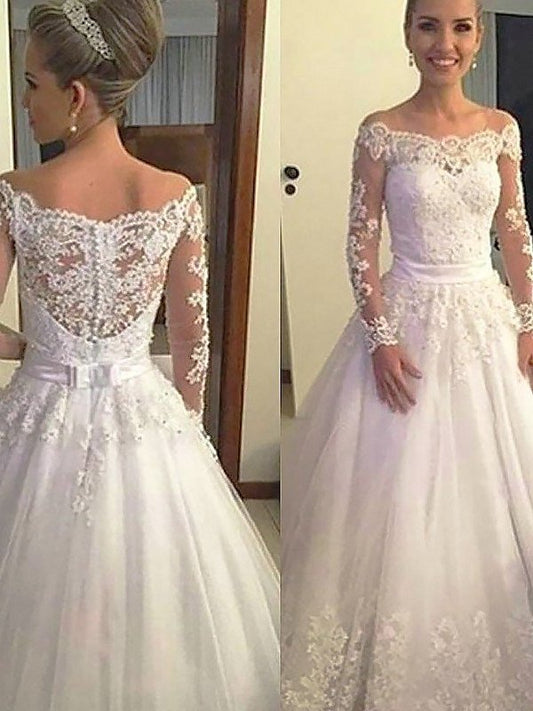 Off-the-Shoulder Gown Tulle Court Sleeves Long Lace Ball Train Wedding Dresses