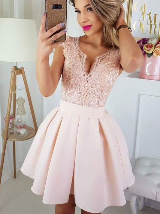 Applique Sweetheart Satin Short A-Line/Princess Sleeves Short/Mini Homecoming Dresses