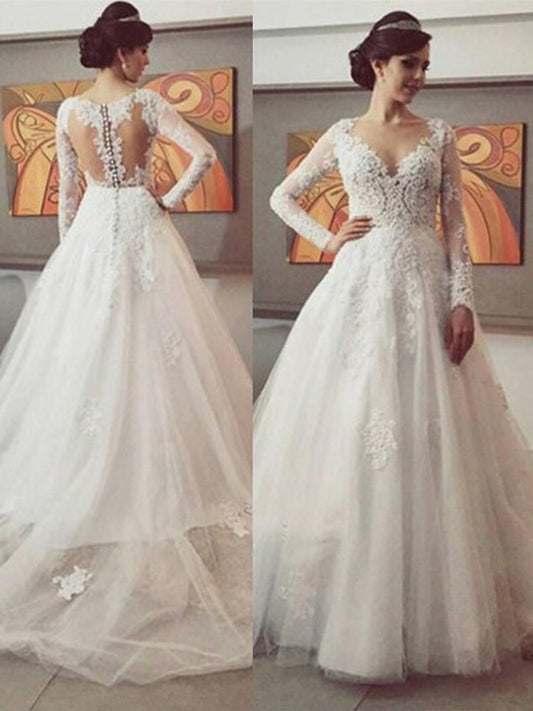 Train Sleeves Lace Court Long Ball Gown V-neck Tulle Wedding Dresses
