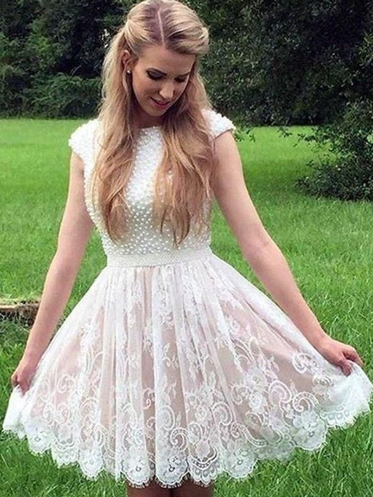 Lace Neck A-Line/Princess Sleeveless Pearls Sheer Short/Mini Homecoming Dress