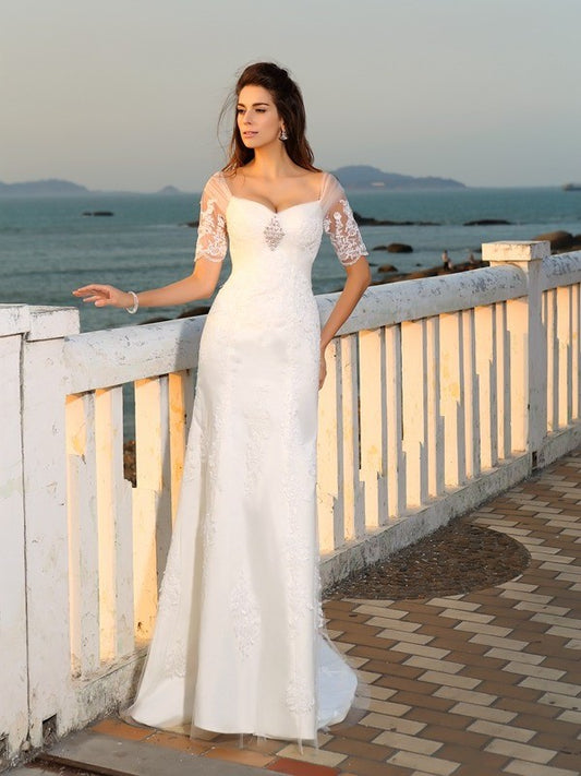 Sweetheart Sheath/Column Short Sleeves Applique Satin Long Beach Wedding Dresses
