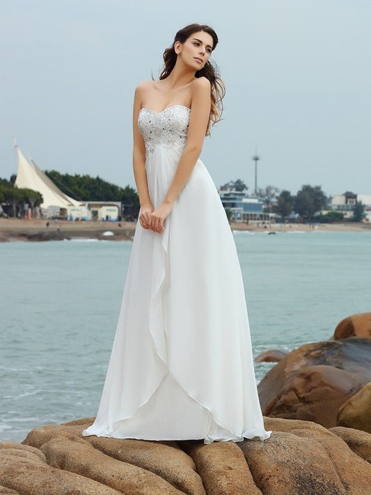 Chiffon Sweetheart Sleeveless Beading Long A-Line/Princess Beach Wedding Dresses