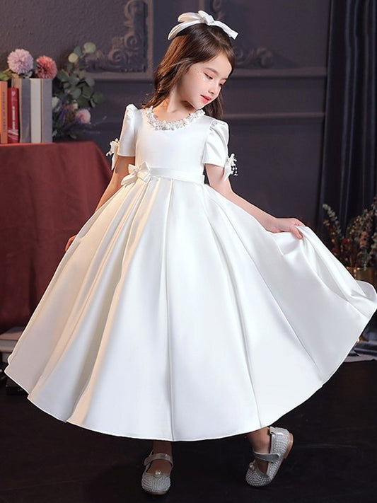 Short Sleeves Tea-Length A-Line/Princess Bowknot Satin Jewel Flower Girl Dresses