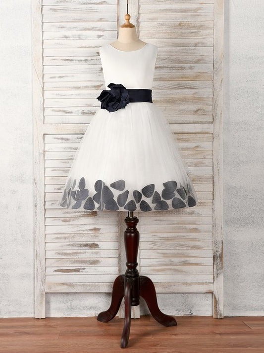 Scoop Sleeveless Tulle Tea-Length A-Line/Princess Hand-Made Flower Flower Girl Dresses