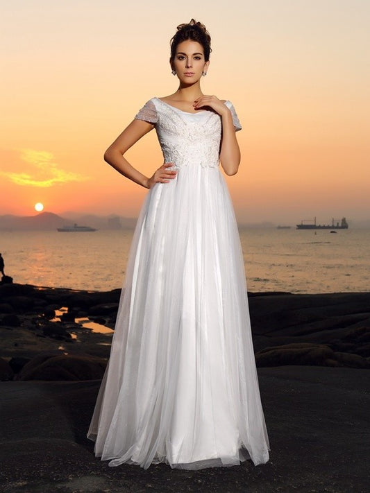 Sleeves A-Line/Princess Off-the-Shoulder Beading Tulle Long Short Beach Wedding Dresses
