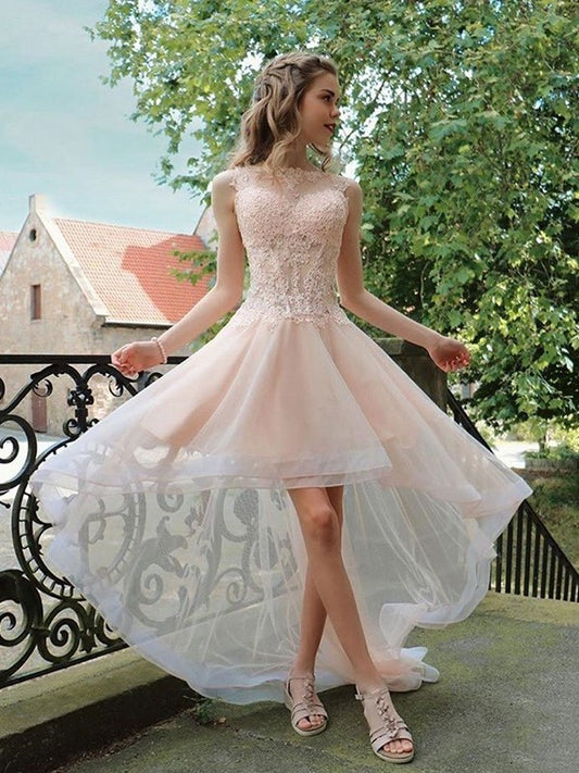 Tulle Neck Applique A-Line/Princess Sheer Sleeveless Asymmetrical Homecoming Dresses