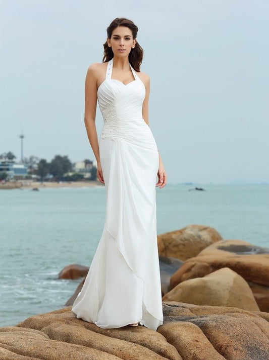 Chiffon Sleeveless Long Pleats Halter Sheath/Column Beach Wedding Dresses