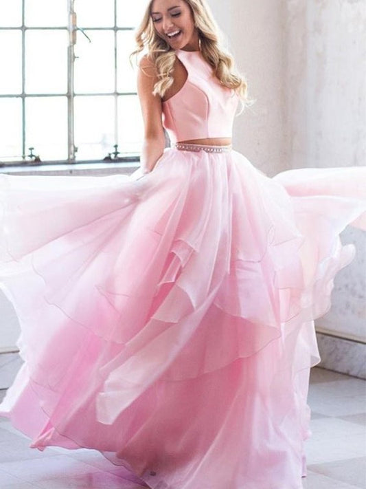 Beading Tulle Scoop Sleeveless A-Line/Princess Floor-Length Two Piece Dresses