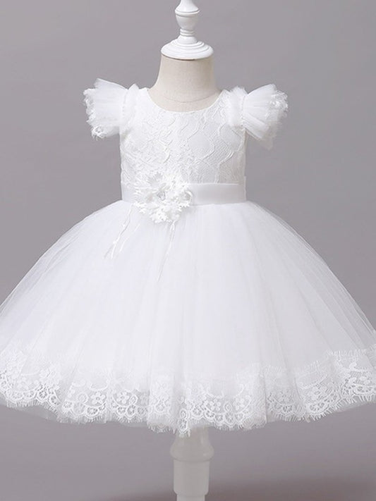 Ball Applique Gown Tulle Scoop Short Sleeves Tea-Length Flower Girl Dresses
