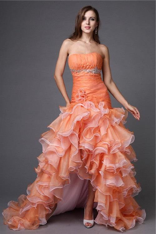 Beading High Low Ball Strapless Sleeveless Gown Organza Cocktail Dresses