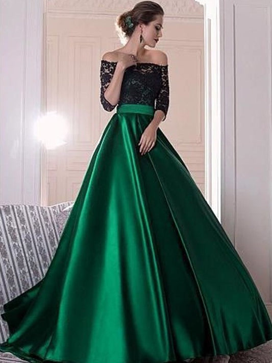 Lace Off-the-Shoulder Sweep/Brush Ruched 3/4 Sleeves A-Line/Princess Train Satin Dresses