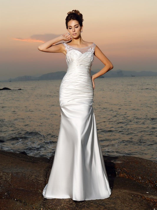 Beading Satin Trumpet/Mermaid Sleeveless Long Scoop Beach Wedding Dresses