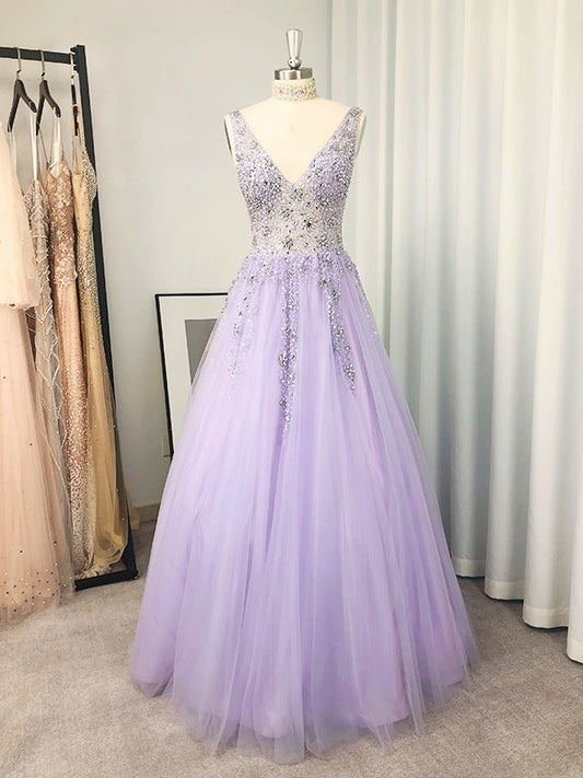 V-neck A-Line/Princess Tulle Beading Sleeveless Floor-Length Dresses