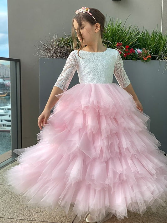 3/4 Sleeves A-Line/Princess Tulle Lace Ankle-Length Scoop Flower Girl Dresses